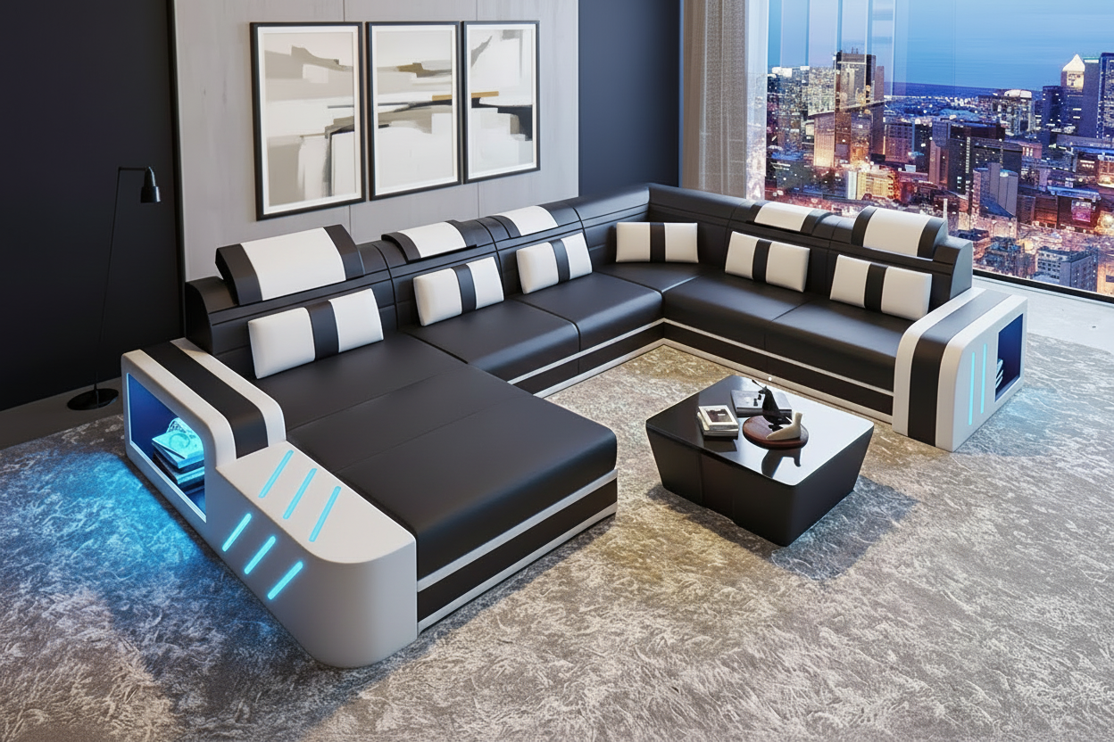 Black base with white trim sectional in Scandinavian interior