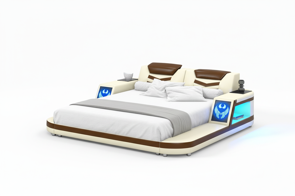 Maeve Modern Leather Bed - 米色棕色款纯白底